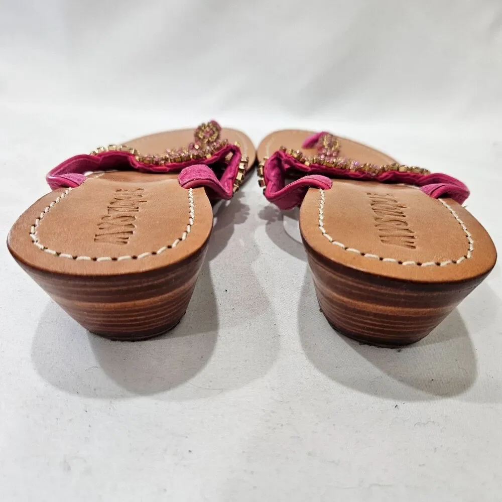 Mystique Womens Leather Jewel Wedge Flip Flops Size 8 Pink Embellished Summer